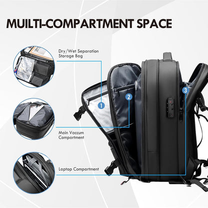 Meyaar Vacuum Compression Travel Backpack for Airplane, 60L Expandable, Anti-Theft, 17.3 inch Laptop Backpack With TSA Lock, Business Backpack Carry-On Luggage (With Air Pump & Waist Bag)
