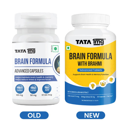 1MG Tata Brain Formula With Vitamin B Complex, L-Tyrosine, L-Theanine, Brahmi, Ginkgo And Pine Bark Extract Capsule Helps In Improving Memory And Concentration For Unisex (Pack Of 60 Capsules)
