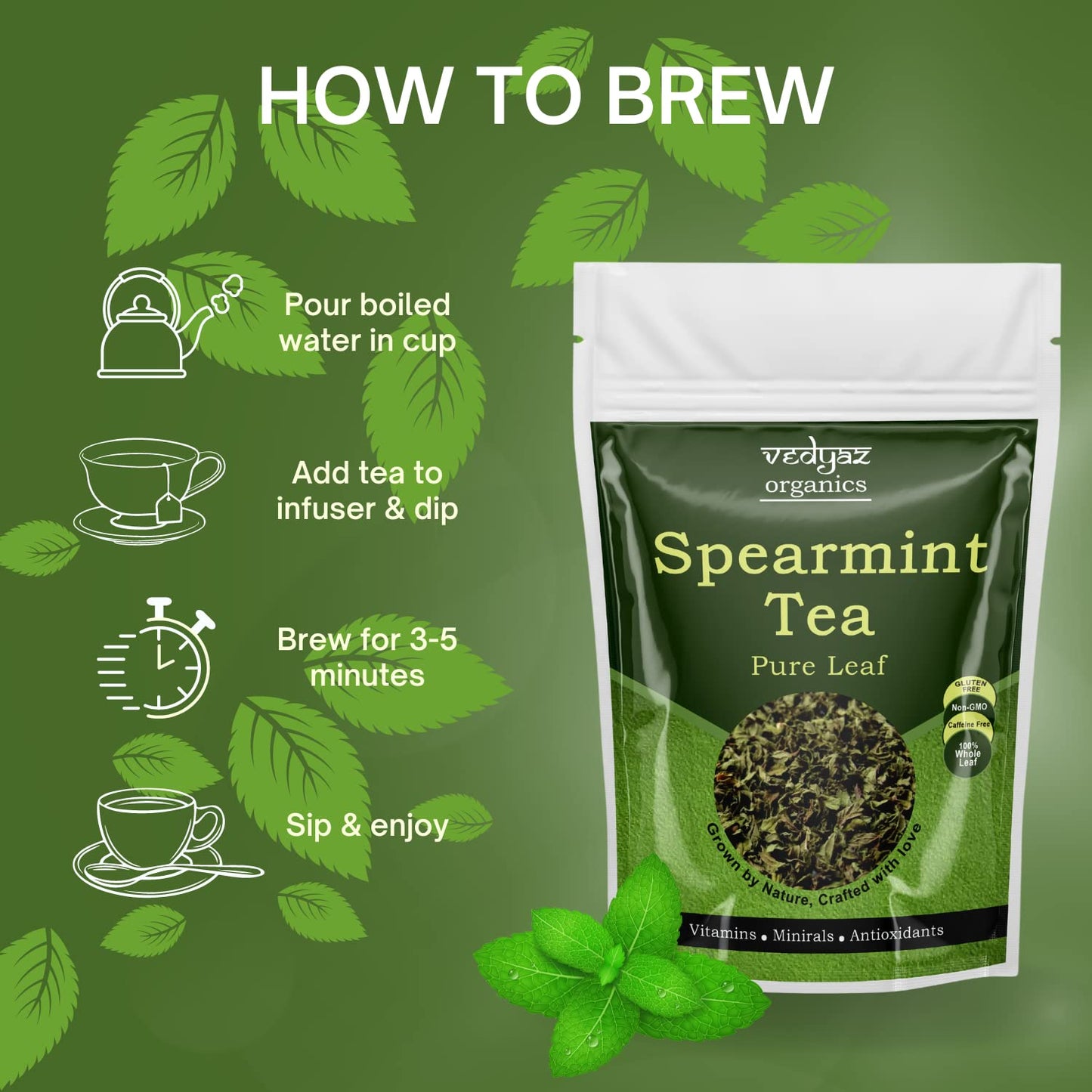 Vedyaz Organic Pure Spearmint Herbal Tea Leaves - 50gm - 100% Natural, Rich in antioxidants for PCOD/PCOS, Hormonal imbalance, unwanted facial hair, Acne and Immunity Boosting