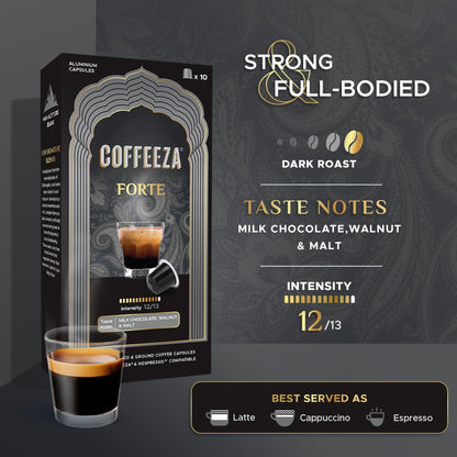 COFFEEZA Forte Aluminium Coffee Capsules, Intensity 12/10 - Nespresso Compatible Coffee Pods (Box Of 10), 90 Gram
