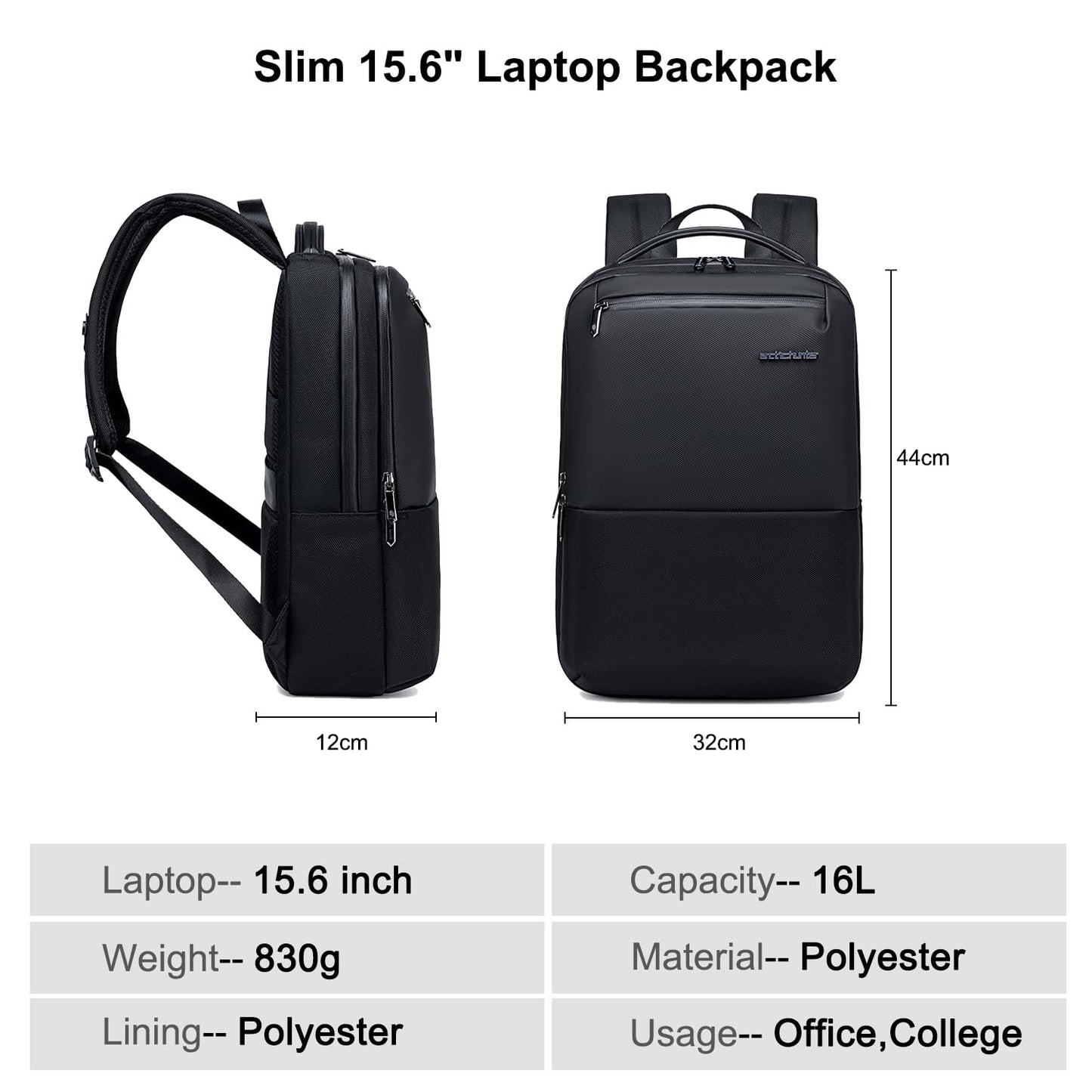 Arctic Hunter Slim Laptop Backpack 16L Lightweight Stylish 15.6 inch Laptop Bag Water Resistant Premium Business Backpack for Men Women Office College Commuting Daily,Black