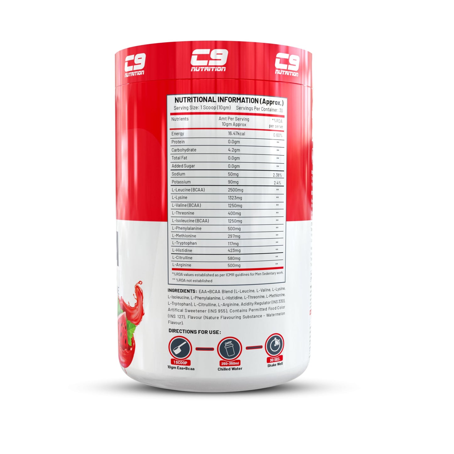 C9 NUTRITION BCAA + EAA Powder- Sugar Free Workout Muscle Recovery & Endurance Drink with 5000mg BCAA, 9000mg EAA, 500 mg L-Arginine | Amino Acid Supplements (30 Servings, Watermelon Flavour)