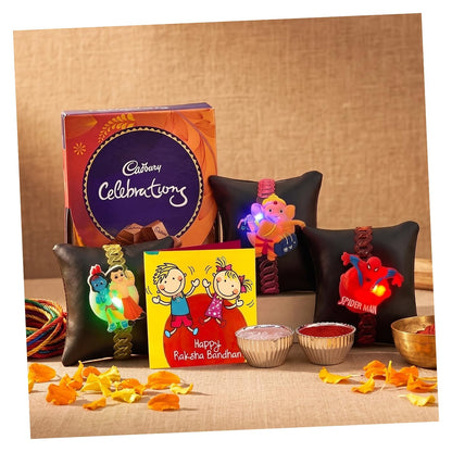 TIED RIBBONS Rakhi for Kids with Chocolates Gift Pack - Set of 3 Premium Kids Lights Rakhi with Cadbury Celebrations Chocolates Gift Pack Roli Chawal Greeting Card, 250 Grams
