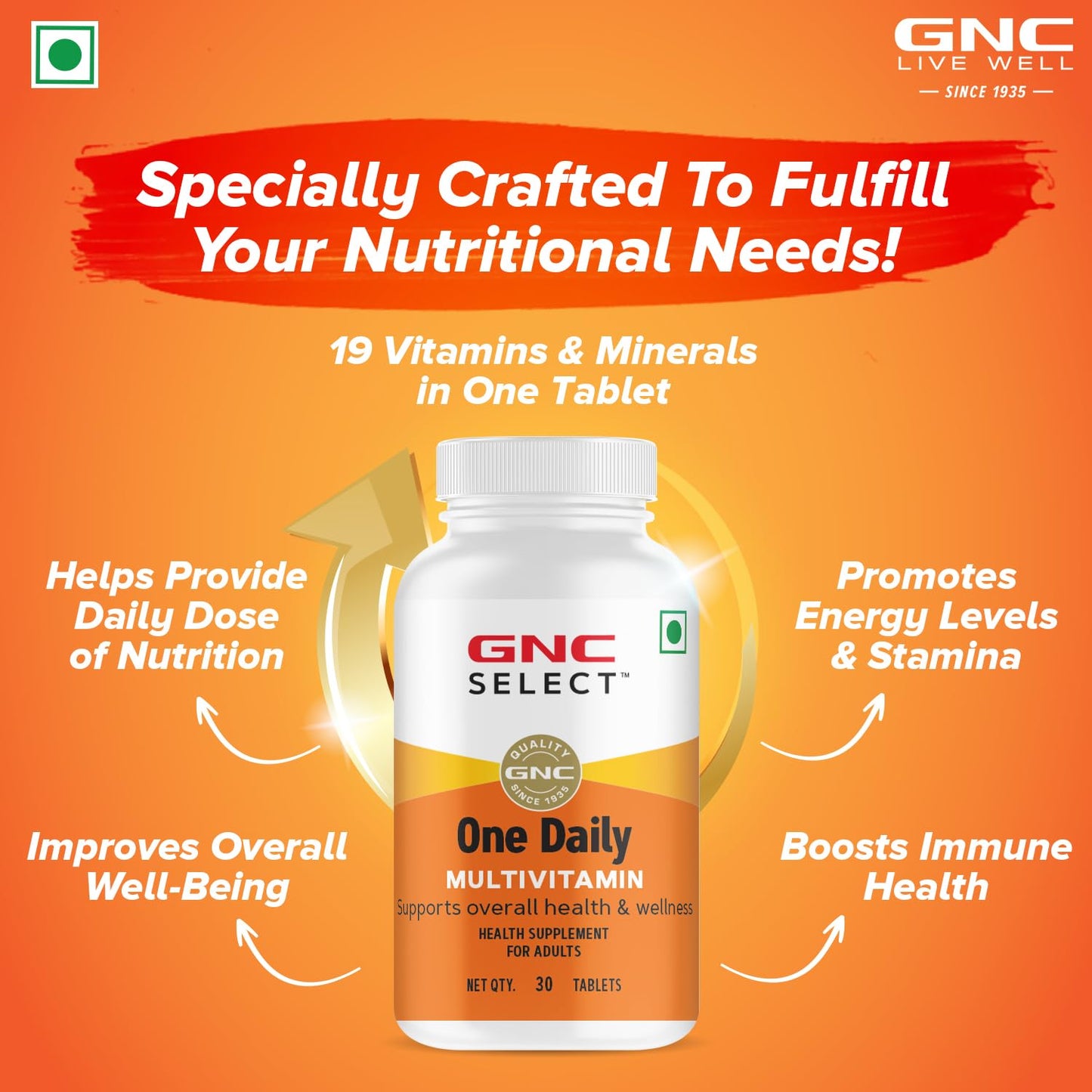 GNC One Daily Veg Multivitamins |Unisex | 30 Tablets| Supports Overall Health & Wellness | With Zinc, Copper | Vitamin B12, A, C & D3| Imported| Formulated In USA