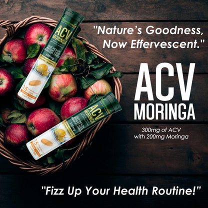 Vitaminnica ACV Moringa Effervescent Tablets | Controls Cravings, Supports Gut Health & Weight Management | Reduces Stress | Sugar Free Wellness Drink | Orange Flavour | 15 Tablets (Pack of 1)