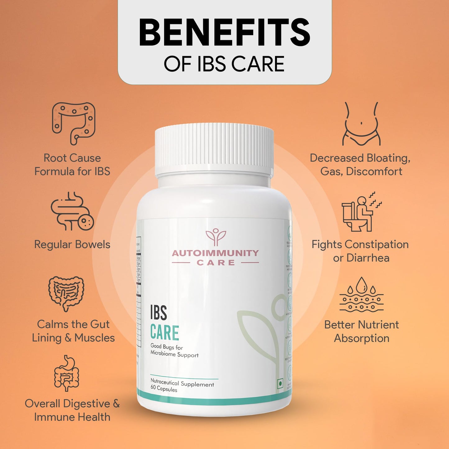 Autoimmunity Care: IBS Care 3-in-1 Gut Health Supplement | Probiotics + Digestive Enzymes | Supports Healthy Digestion, Bloating, Gas & Bowel Regularity | 60 Capsules for Men & Women