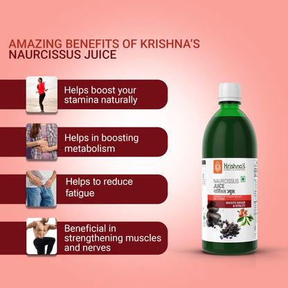 Krishna's Naurcissus Juice - 1000 ml | Ayurvedic ingredients Ashwagandha, Kaunch Beej, Vidari Kand, Shatawari, Akarkara, Safed Musli, Gokhru Etc | Helps in boosting Stamina - (Pack of 2)
