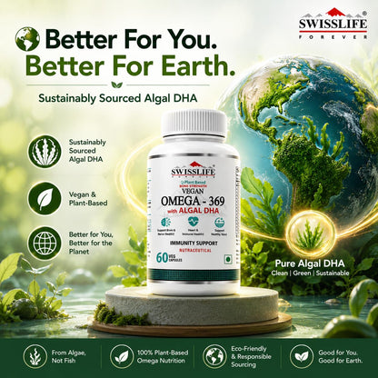 SwissLife Forever Plant Based Vegan Omega 3 6 9 with Algal DHA | Support Brain, Nerve, Heart & Immune Health | Healthy Skin for Men & Women (60 Capsules)
