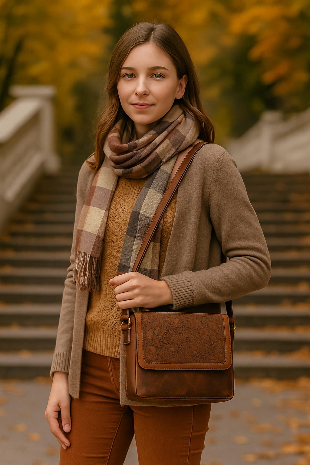 Goatter Hunter Leather Floral Sling Bag for Girls and Women,Brown