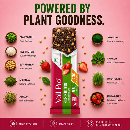 Voll Pro Plant Protein Bar with Daily Greens - High Protein 20g, Fiber 5.5g, 0g Sugar - Strawberry Flavour- Non-GMO- Gluten & Trans Fat Free-Crunchy, Delicious Nutrient-Rich Protein Bars,(50g X 6 Bar) -Pack Of 6 Bar (Pack Of 6, Strawberry)