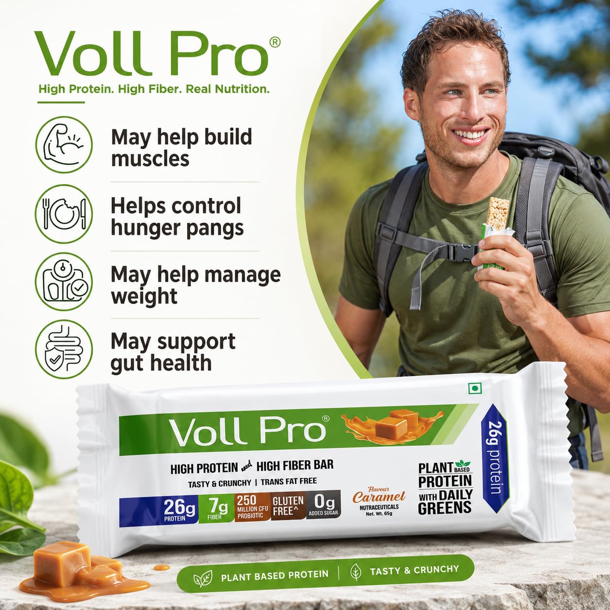Voll Pro Plant Protein Bar with Daily Greens - High Protein 26g, Fiber 7g, 0g Sugar - Crunchy, Delicious Nutrient-Rich Protein Bars, 65g Bar (Pack of 3)