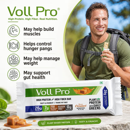 Voll Pro Plant Protein Bar with Daily Greens - High Protein 26g, Fiber 7g, 0g Sugar - Crunchy, Delicious Nutrient-Rich Protein Bars, 65g Bar (Pack of 3)