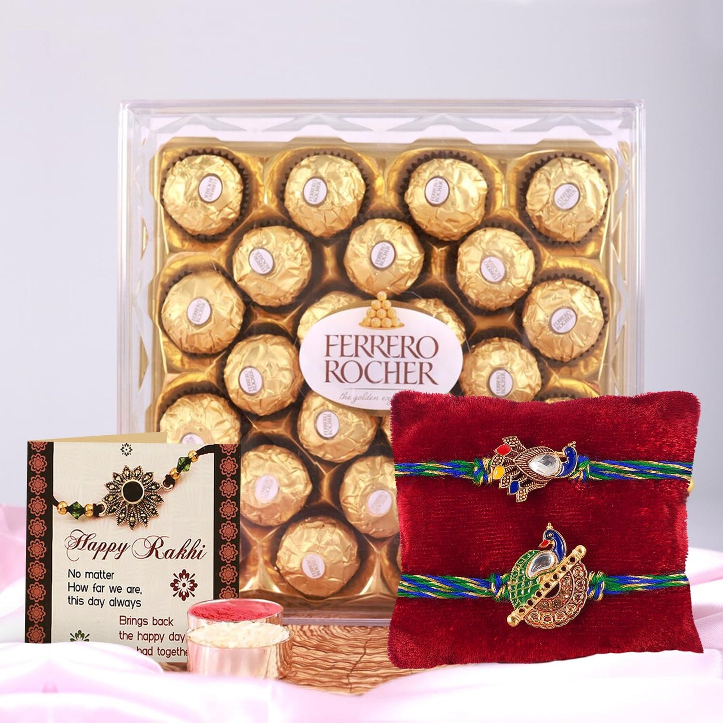 TIED RIBBONS Rakhi For Brother With Chocolate - Pack of 2 Premium Rakhi With Chocolates Pack Mini Greeting Card And Roli Chawal - Rakhi Gift For Brother,300 G
