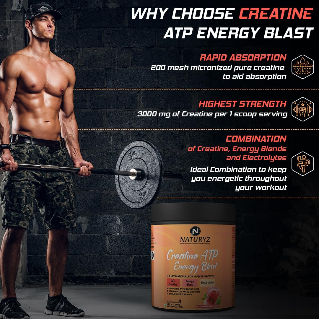 NATURYZ Creatine ATP Energy Blast 3G Creatine | Pre Workout ATP Energy Drink | Electrolytes | Supports Lean Muscle Mass & Volume, Endurance & Power for Intense Workout - 250g(Watermelon)