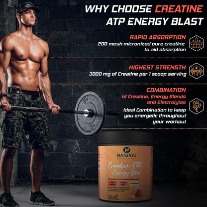 NATURYZ Creatine ATP Energy Blast 3G Creatine | Pre Workout ATP Energy Drink | Electrolytes | Supports Lean Muscle Mass & Volume, Endurance & Power for Intense Workout - 250g(Watermelon)