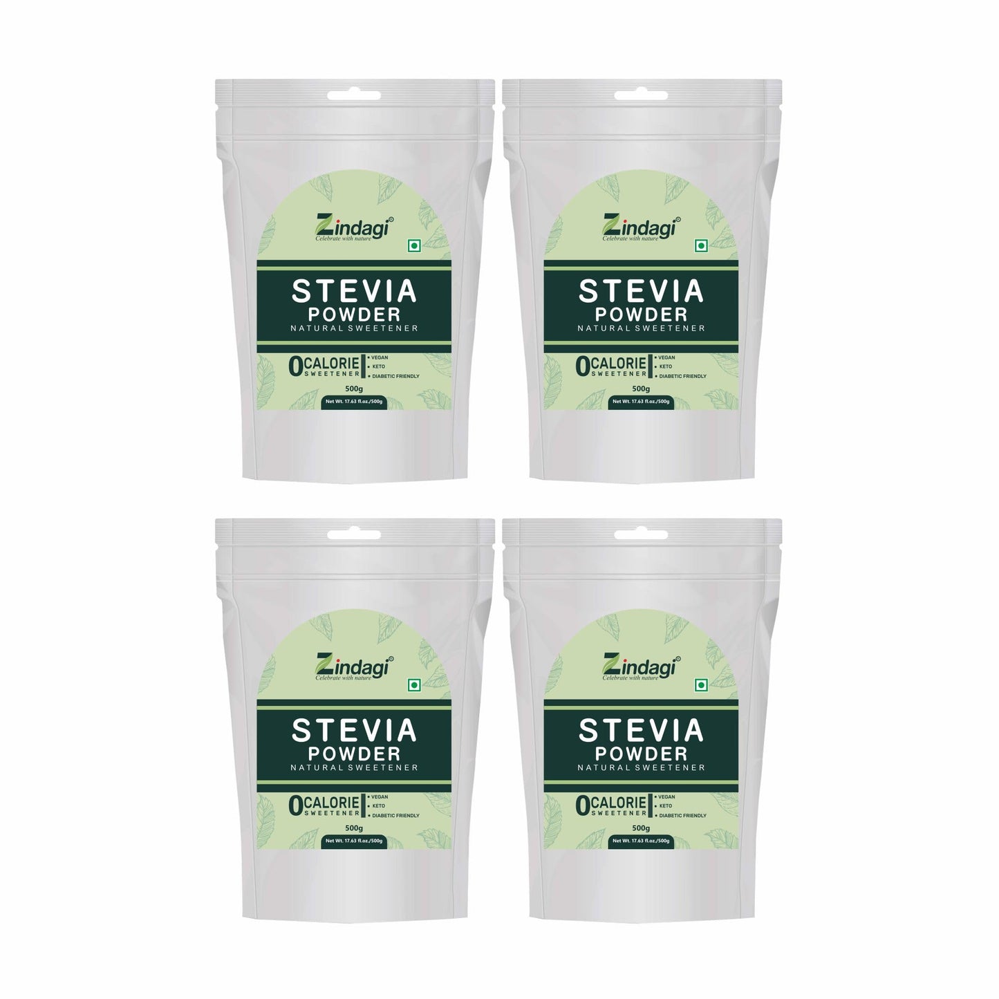 Zindagi Stevia Powder (Reb A 99%) Extract | Sugar Subsitute | Stevia Natural Sugar-free Powder In Bulk | 500 gm | Pack of 4