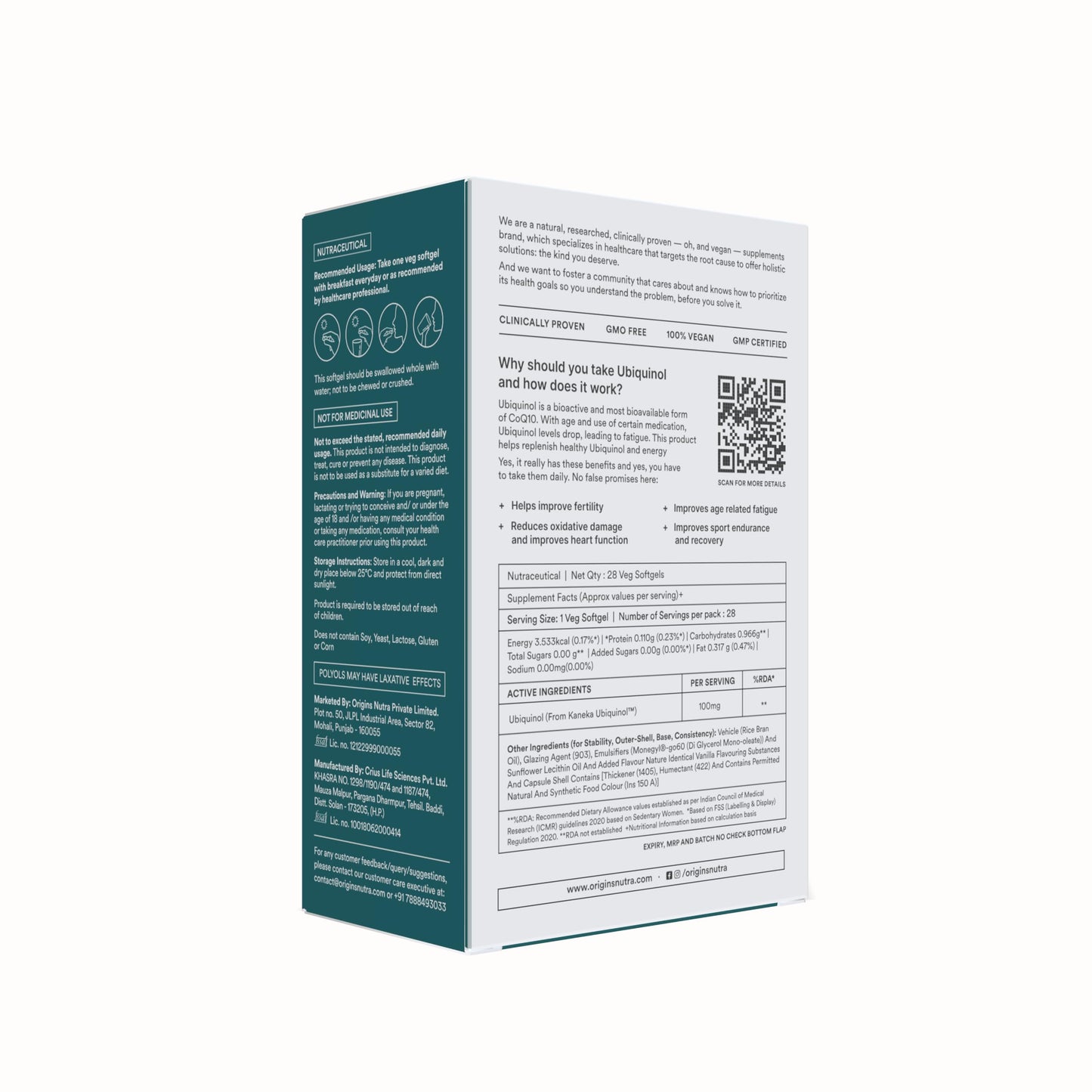 Origins Nutra Kaneka™ Ubiquinol 100mg | Boosts Energy, Supports Heart & Cellular Health | Active CoQ10 for Healthy Aging |GMP Certified | 28 Softgels (Pack of 1)