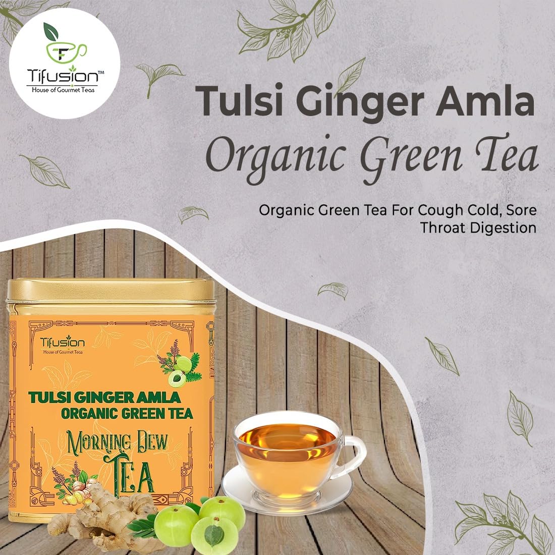 Tifusion Tulsi Ginger Amla Organic Green Tea For Cough Cold Sore Throat Digestion Darjeeling Herbal Organic Whole Leaf Chai Immunity Booster Tea (30 Tea Bag, 30 Serving Cups)