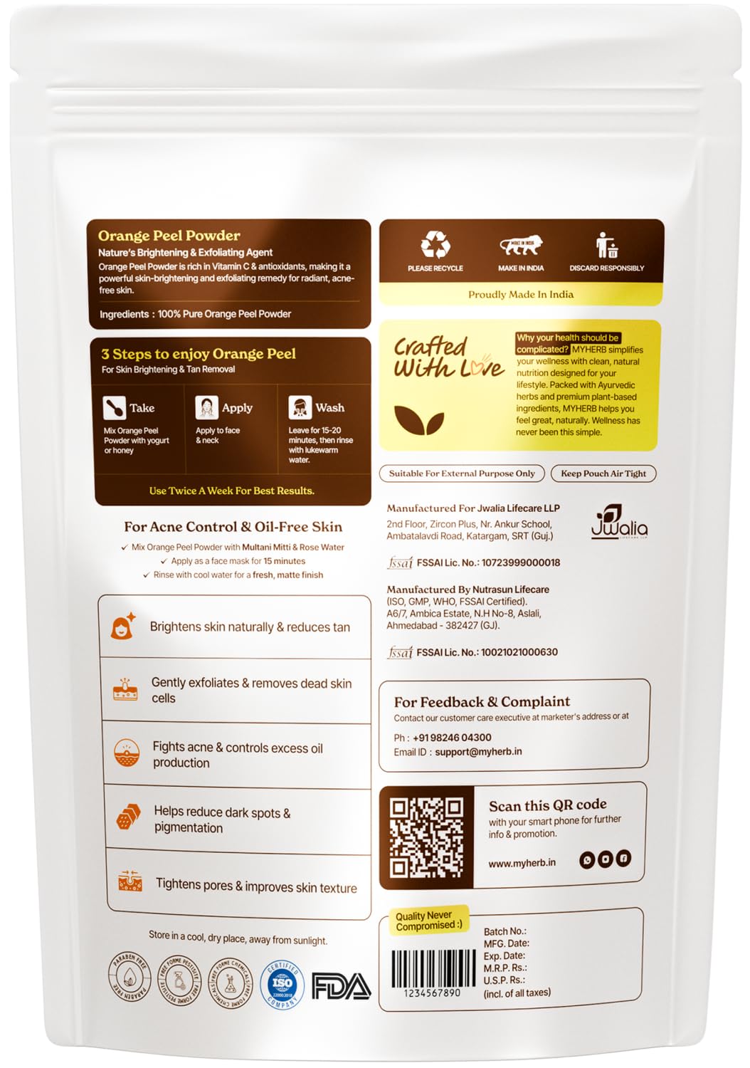 MYHERB 100% Pure Natural Organic Orange Peel Powder (Citrus Aurantium) || 227 Gm/0.5 Lbs || Ayurvedic Formula || Vitamic C || For Face, Skin Whitening & Hair Care || (Santra Chilka Powder)