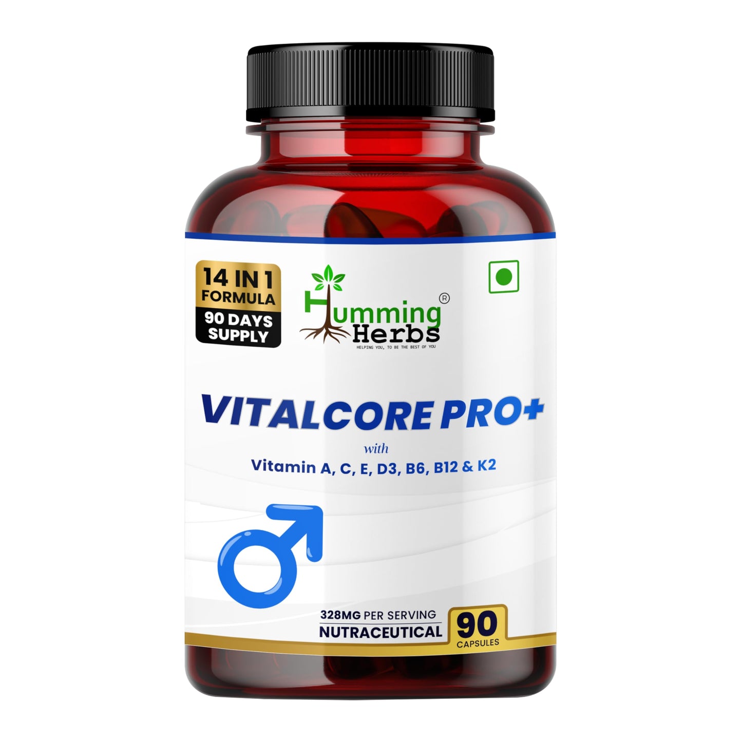 Humming Herbs Vitalcore Pro+ for Men | 14-in-1 Multivitamin with A, C, E, D3, B6, B12, Zinc, CoQ10, ALA & More | 328mg | 90 Veg Capsules | 90 Days Supply | Non-GMO & Sugar-Free