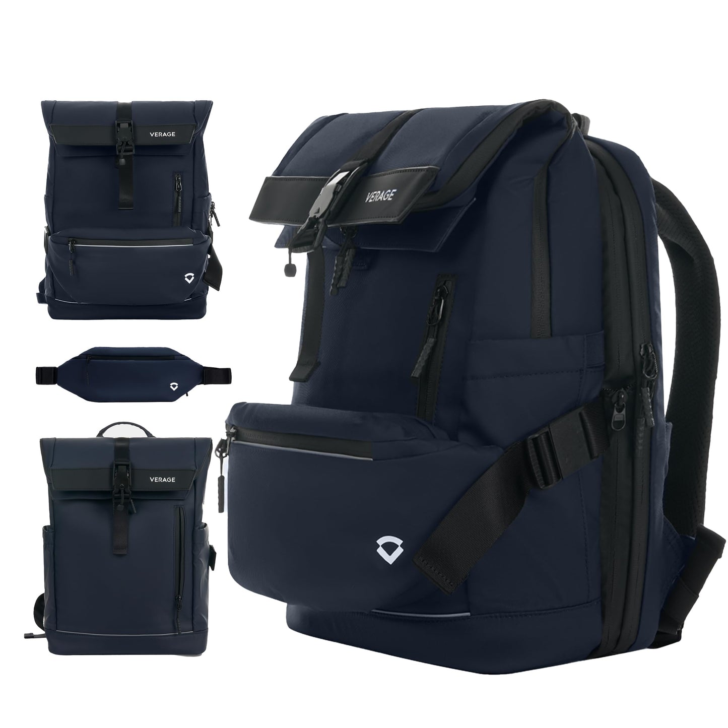 Verage Roll Top Laptop Backpack Waterproof PU Lather Travel Backpack Expandable Work Carry On Backpack for Men Women, Blue, One Size, Classic