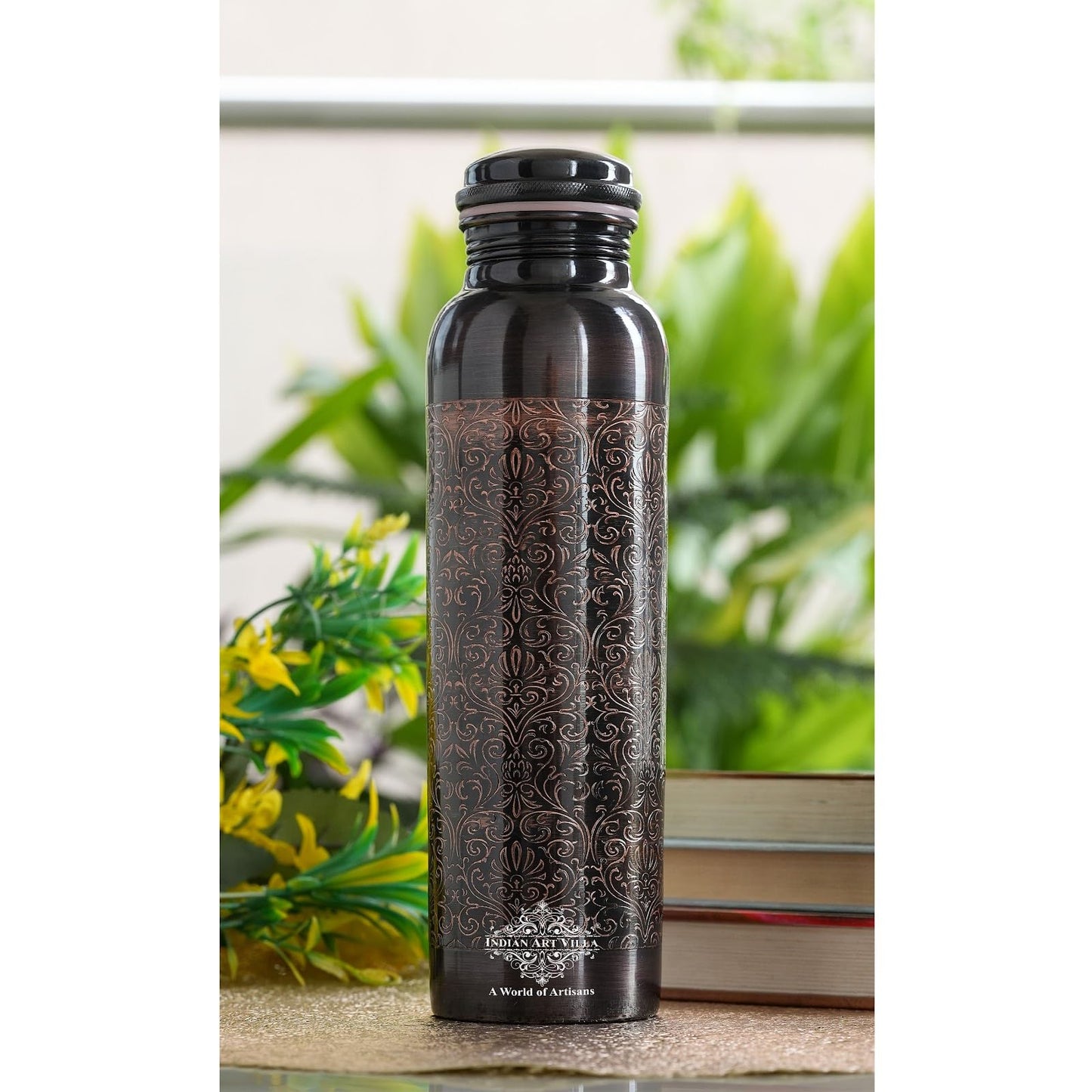 INDIAN ART VILLA Pure Copper Bottle, Antique Dark Embossed Design, Water Storage and Drinking, Ayurvedic Health Benefits, 900 ml (Pack of 2)