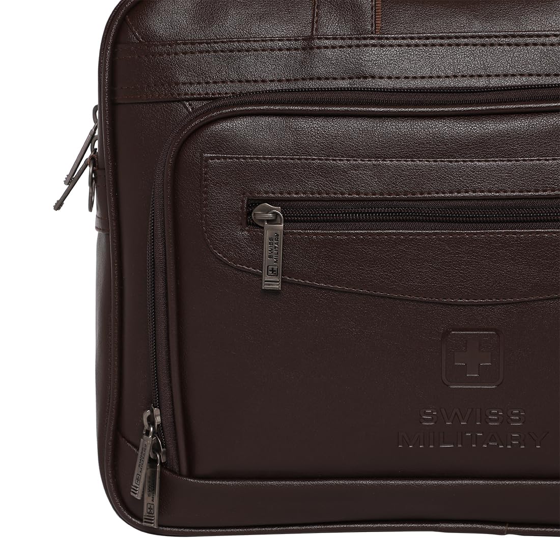 SWISS MILITARY VERBEPRO Premium Leatherette Laptop Sling Bag with 15.4 Inch Padded Compartment, Organizer Pocket & File Section, Premium Zippers & Detachable Strap, Use for Office, Business - Brown