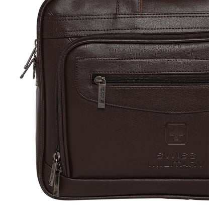 SWISS MILITARY VERBEPRO Premium Leatherette Laptop Sling Bag with 15.4 Inch Padded Compartment, Organizer Pocket & File Section, Premium Zippers & Detachable Strap, Use for Office, Business - Brown