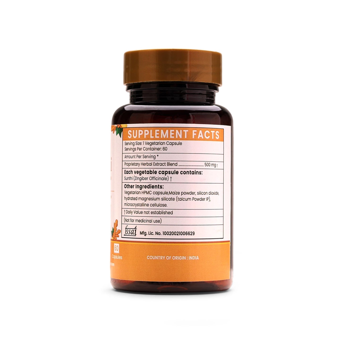 Ayurleaf Herbal Sunthi Supplement - Zingiber Officinale (Ginger) Capsules for Digestion, Bloating, and Nausea Relief (500mg, 60 Capsules)