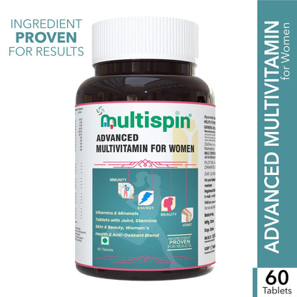 Multispin Advanced Multivitamin for Women (60 Tablets) | With 40 Clinically Researched Ingredients | For Glowing Skin, Shining Hair, Growing Nails, Energy, Immunity and Joint, PCOD, PCOS