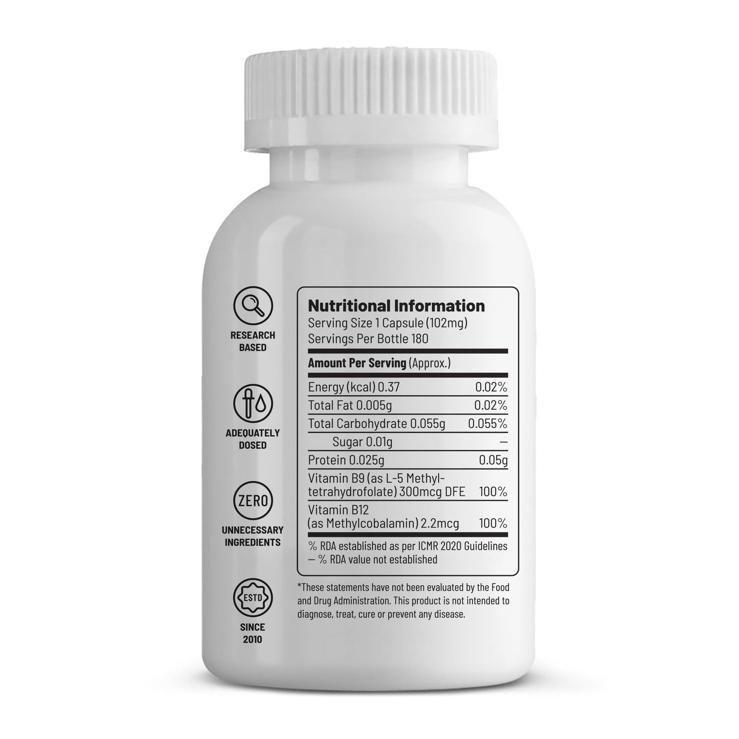 Unived Vitamin B12 Veg, Methylcobalamin (98%), with Methyltetrahydrofolate (5-MTHF), Brain Cells & Nerve Tissue Support, 180 Capsules