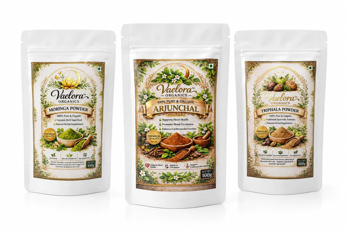 Vaelora Organics Moringa Powder + Arjun Chhal Powder + Triphala Powder Combo (100g Each) | 100% Pure & Natural Ayurvedic Herbal Supplements | For Heart Health, Digestion & Immunity | No Additives