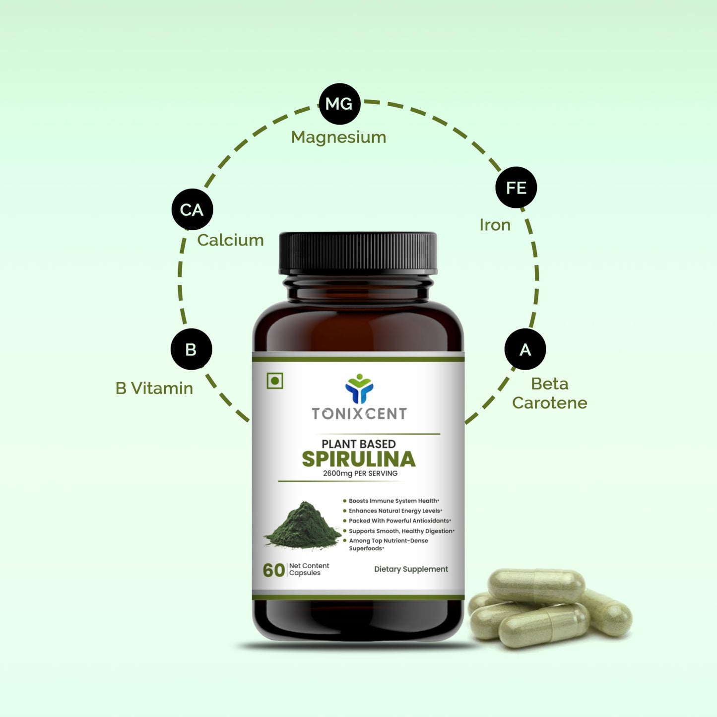 TONIXCENT Super Green Vitals Combo | Moringa 2000mg + Spirulina 2600mg Per Serving | 90 Nutrients, 46 Antioxidants | Immunity, Energy, Detox & Wellness Support | 2 x 60 Vegan Capsules