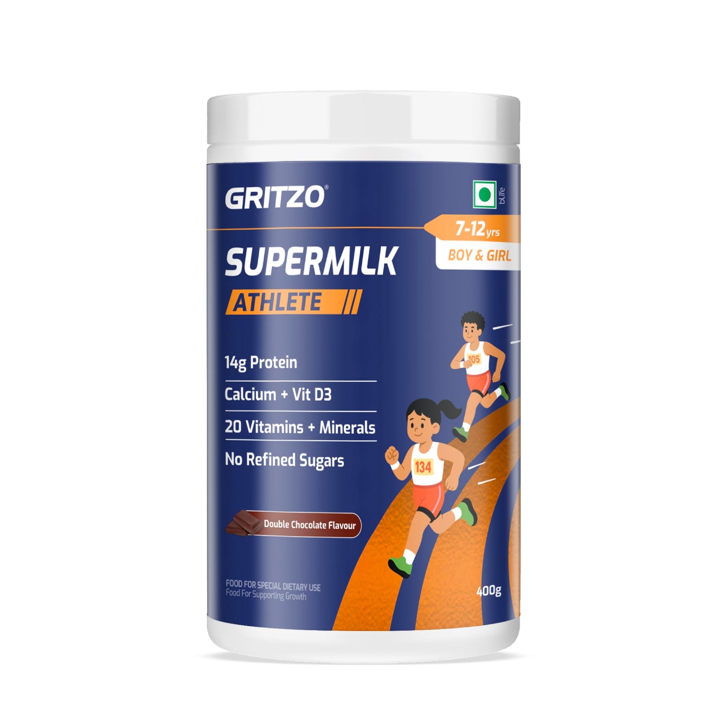 Gritzo SuperMilk Athlete (7-12y Boy & Girl), 14g Protein Powder (Double Chocolate, 400g) | Zero Refined Sugar, 20 Vitamins & Minerals