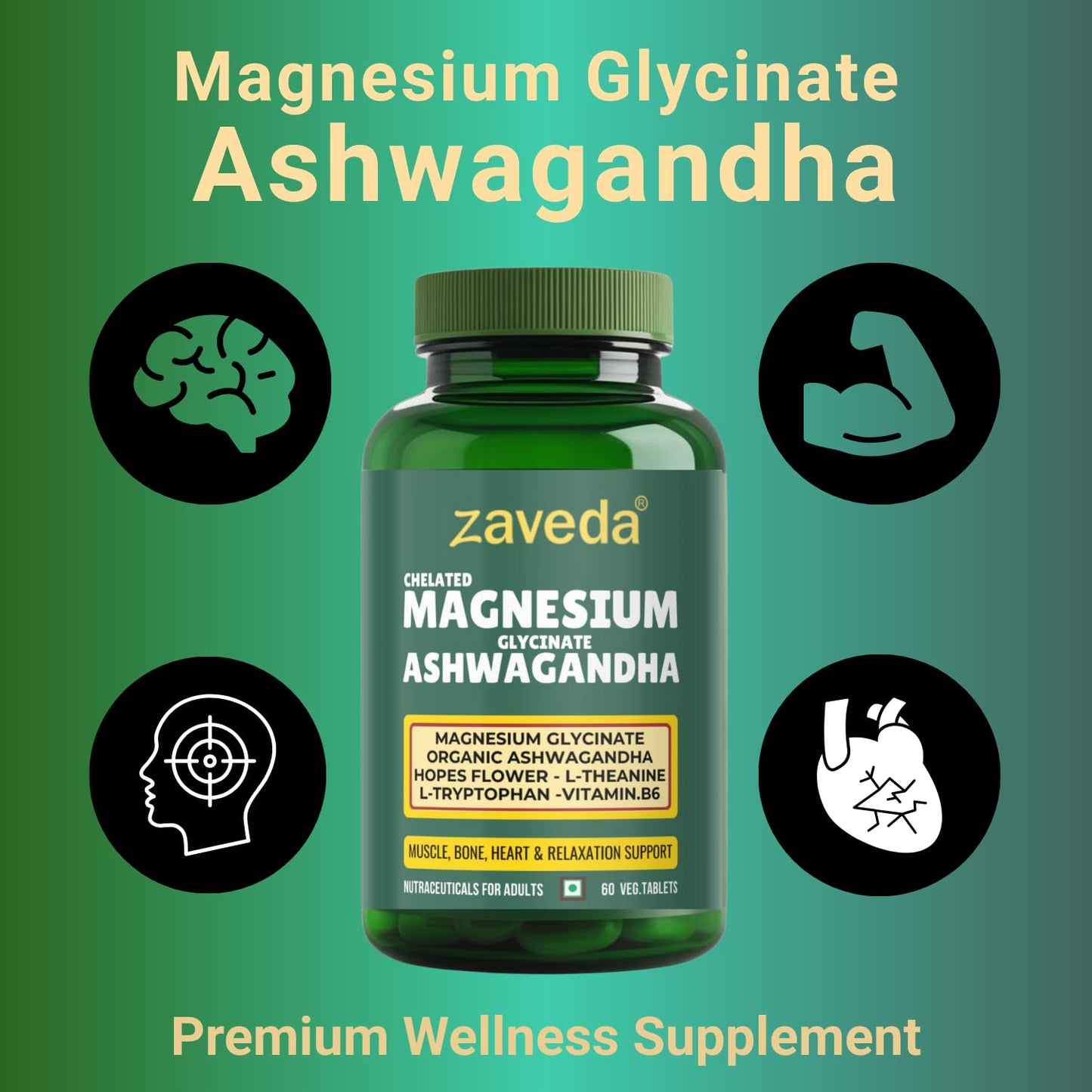 Zaveda Magnesium Glycinate Ashwagandha Tablets with Hopes flower, Vit. B6, L-Theanine, L-tryptophan & zinc | Highly Advanced Plant based formula | Muscle Recovery, Sleep & Nerve halth | 60 VegTablets