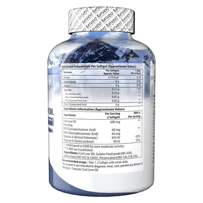 Naturyz Imported Icelandic COD Liver Oil Capsules with Natural Omega 3 (EPA & DHA), Rich in Vitamin D & A, Mercury Free, Immunity, Skin, Eye, Muscle & Joint Health Softgels, 100 Count, Pack of 1