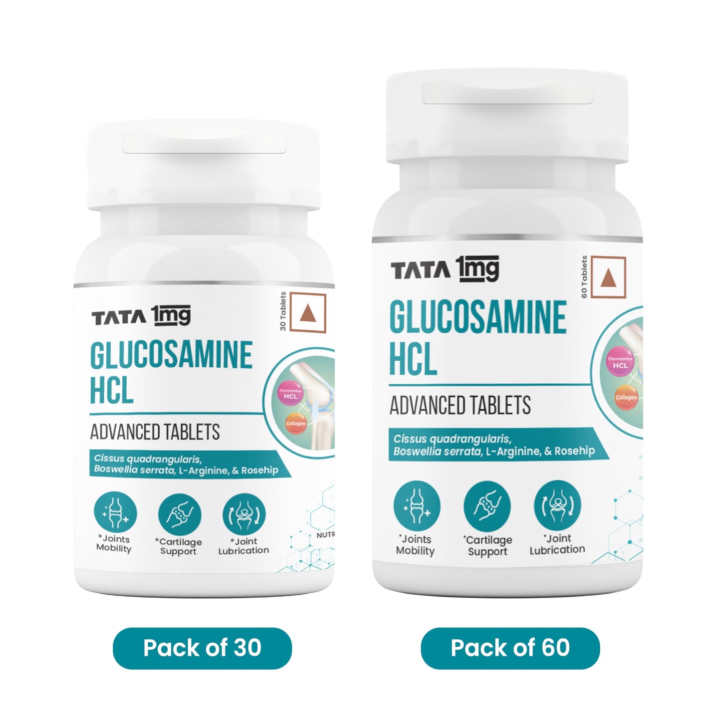 Tata 1mg Glucosamine HCL 1500 mg Tablet with Boswellia, Rosehip, Collagen, Arginine for Joint Support, For Men & Women, Non-GMO & Soy-Free (60 Tablets)