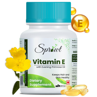 Sprowt Vitamin E Capsules for Face and Hair, with Evening Primrose, Antioxidant Support and Immunity Booster, Controls Wrinkling, Skin Roughness 60 Capsules (Pack of 1)