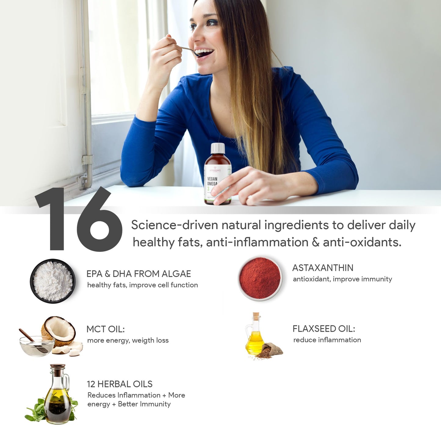 Autoimmunity care Vegan Omega 3 Oil | EPA, DHA With Astaxanthin | Health Supplement For Heart, Brain, Eye, Skin, Muscles, Bone & Joint Support | Better than Fish Oil | 100% Vegetarian | 250 ML Oil