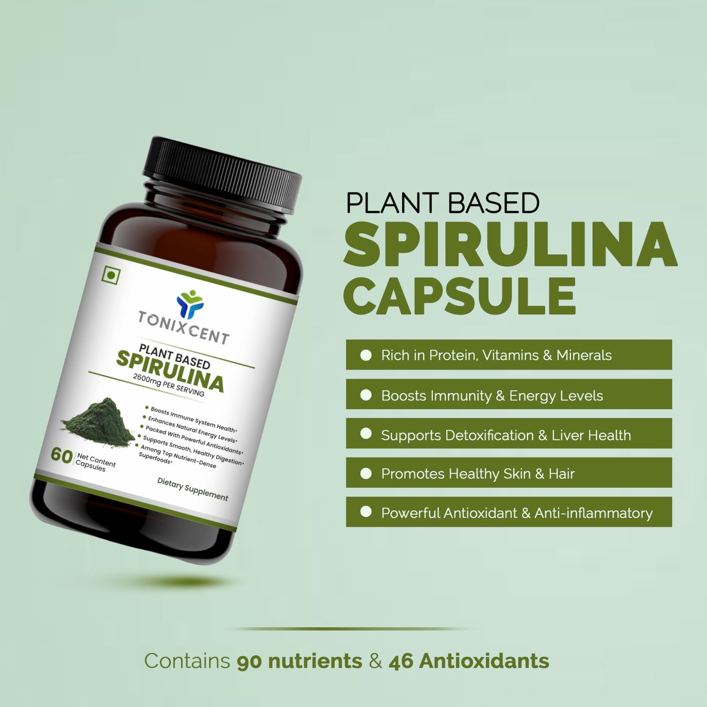 TONIXCENT Skin Glow Stack | Spirulina & Curcumin Capsules | Boosts Immunity, Reduces Inflammation & Enhances Recovery | 60+60 Vegan Capsules