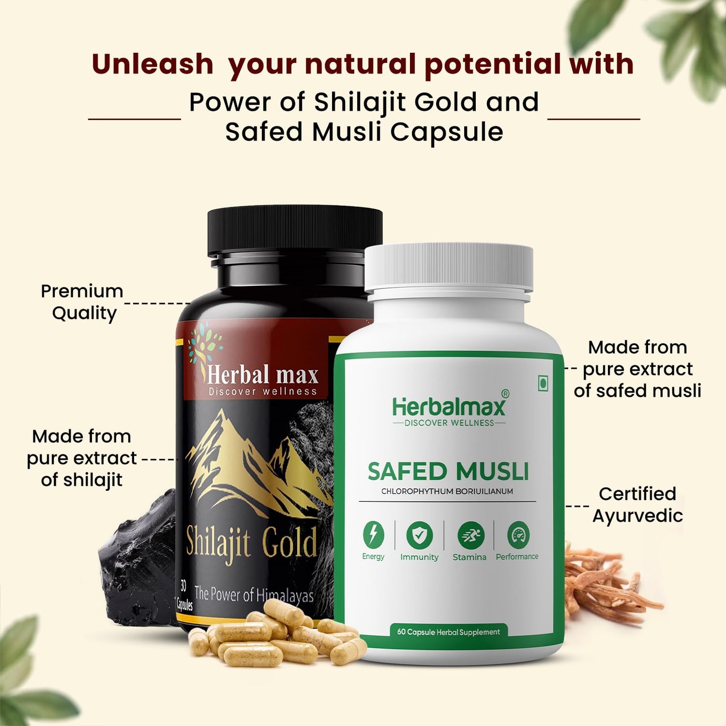 Herbalmax Shilajit Gold Capsule with Safed Musli 800mg – 90 Capsules Combo of 2 | 100% Natural Ayurvedic Supplement for Energy, Stamina, Strength & Vitality for Men & Women