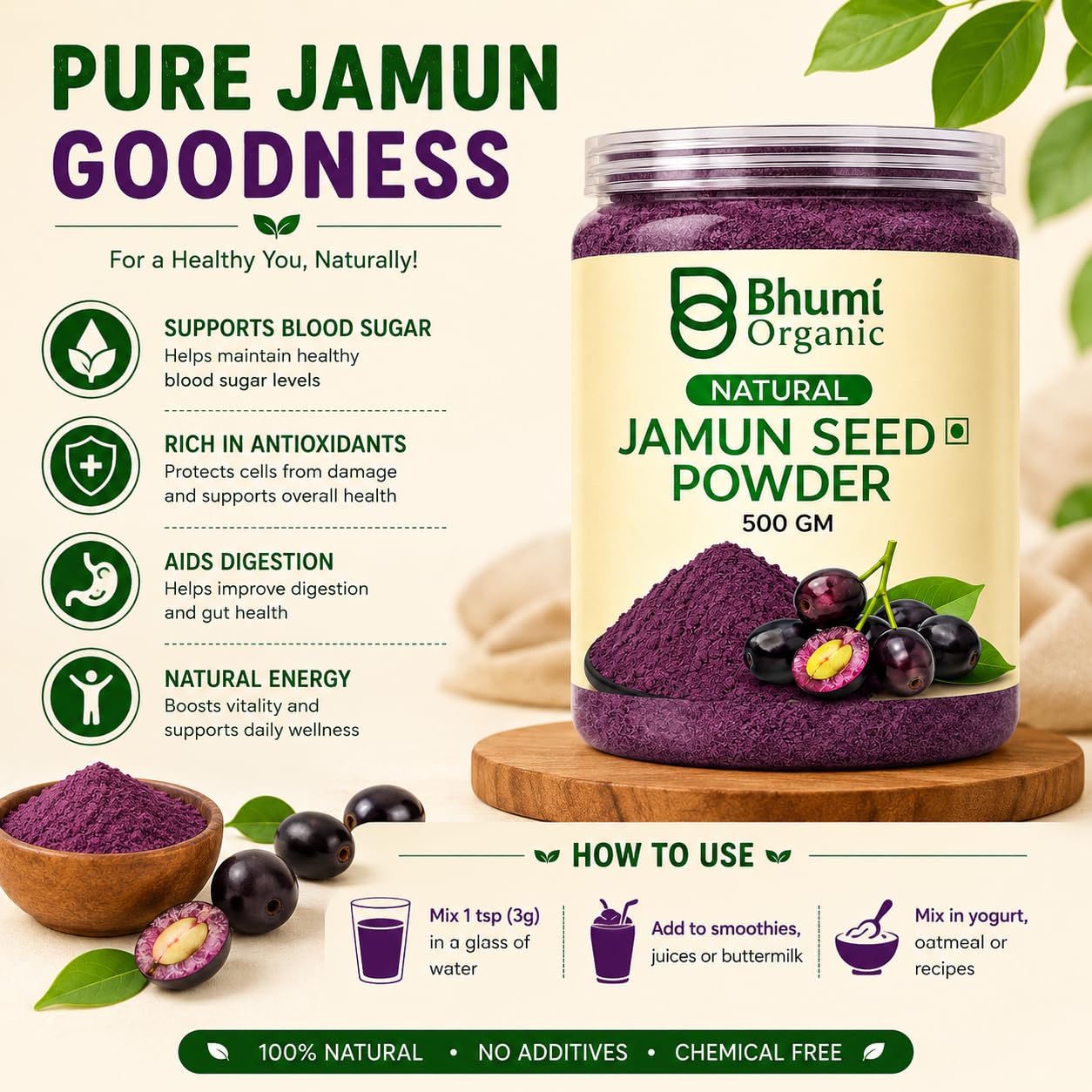 Bhumi Organic Ayurveda Jamun Seed Powder for Diabetes (500 gm) - Herbal Supplement