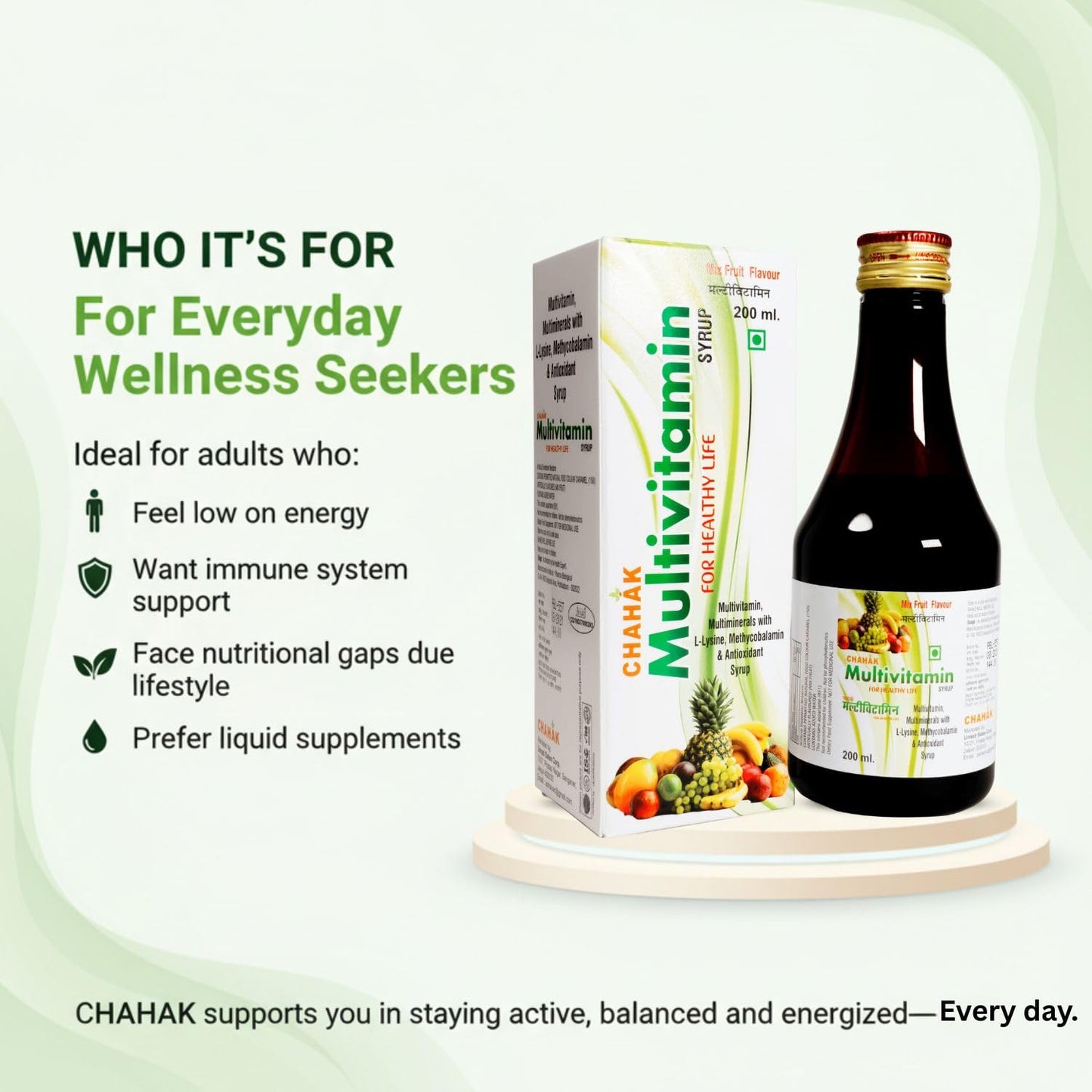 CHAHAK Multivitamin Syrup 200 ml (Pack of 2) | Multivitamin & Multimineral with L-Lysine, Methylcobalamin & Antioxidants | Mixed Fruit Flavour | Daily Nutritional Supplement for Adults