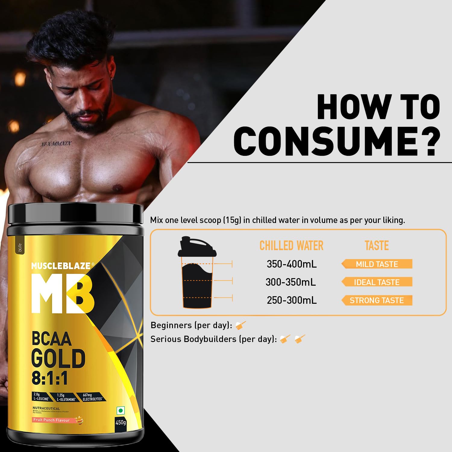 MuscleBlaze Bcaa Gold 8:1:1 Powder (Fruit Punch, 450G, 30 Servings) | W- image 3