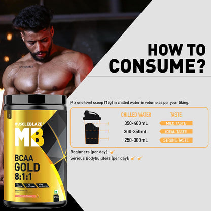 MuscleBlaze Bcaa Gold 8:1:1 Powder (Fruit Punch, 450G, 30 Servings) | W- image 3