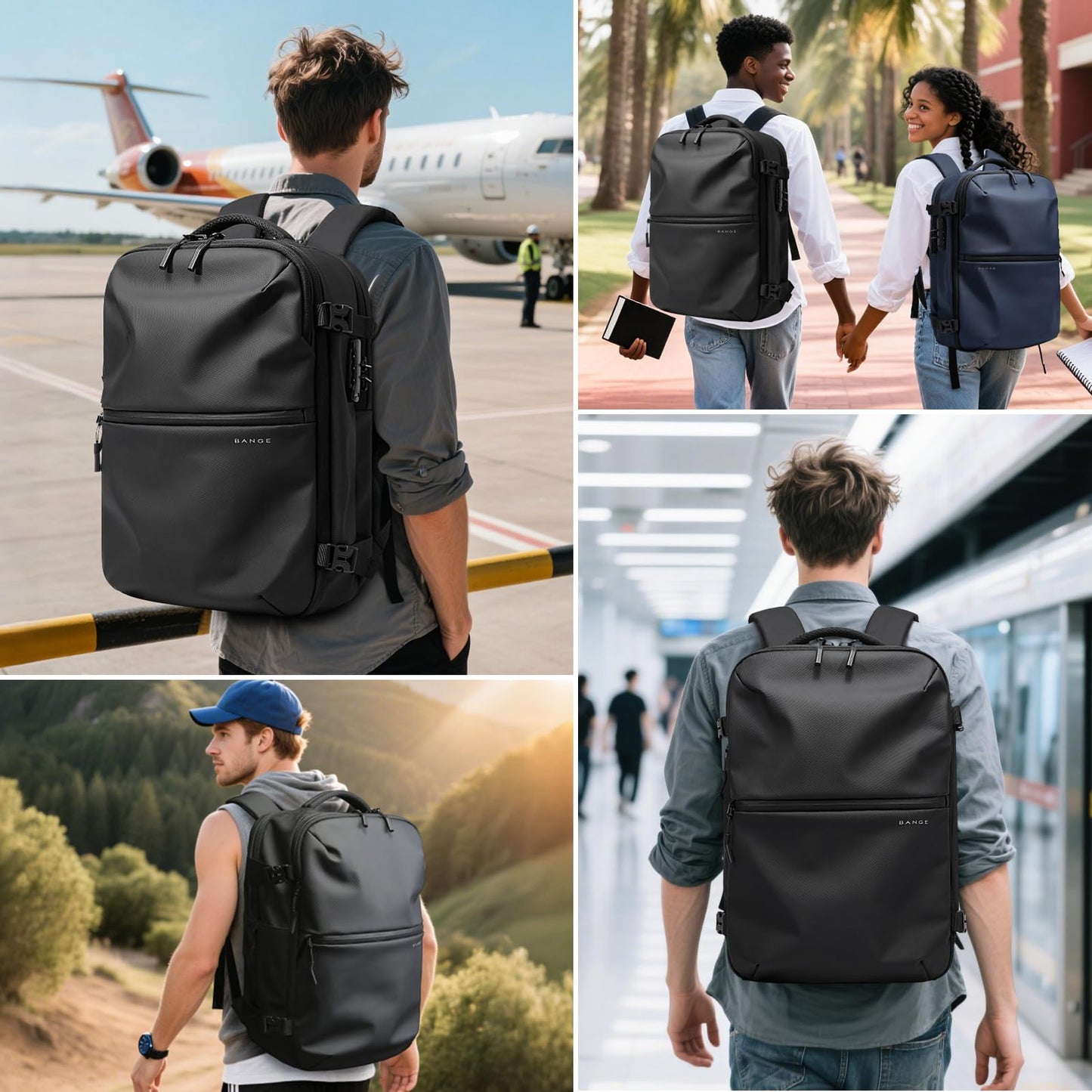 BANGE travel backpack can hold 15.6 inch laptop with anti-theft lock for men and women, Black, L