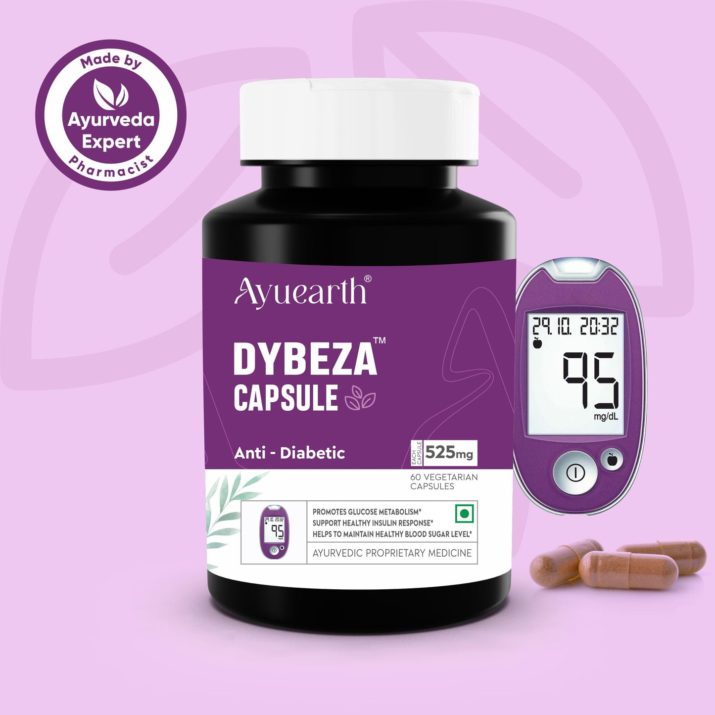 Ayuearth Dybeza | Diabetes Care Capsule | Diabetes Care Capsule Ayurvedic | Helps Control Blood Sugar Levels | Blood Sugar Control Tablets | 60 Veg Capsules