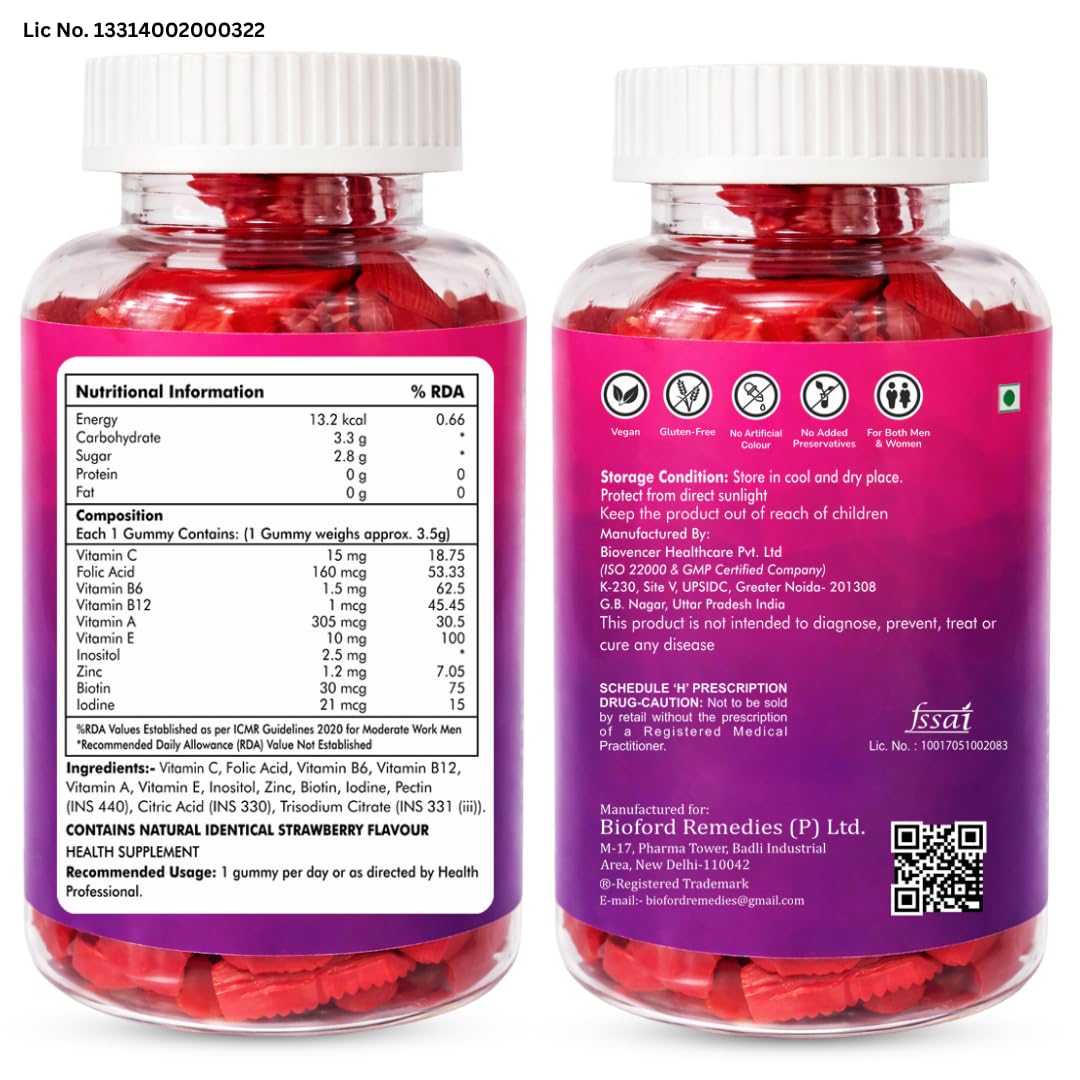 Bioford Iron Gummies With Folic Acid & Vitamin E | Strawberry Flavour | No Sugar Added | 90 Gummies | Supports Hemoglobin, Energy & Immunity