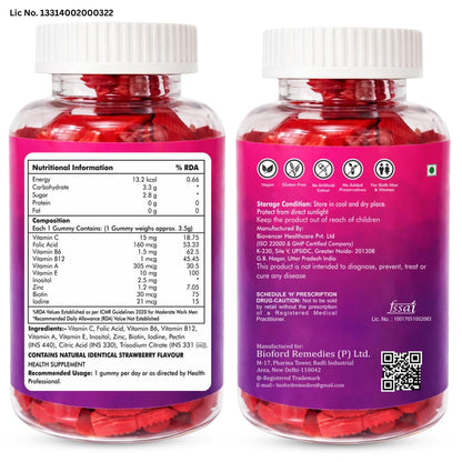 Bioford Iron Gummies With Folic Acid & Vitamin E | Strawberry Flavour | No Sugar Added | 90 Gummies | Supports Hemoglobin, Energy & Immunity