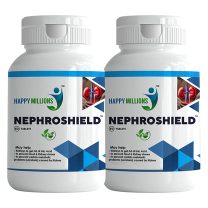 HappyMillions NephroShield Tablets Kidney Health & Detox Support Helps Prevent Stones & Urinary Tract Infections 2 Tablets Daily For Healthcare Advised 60 + 60 Tablets